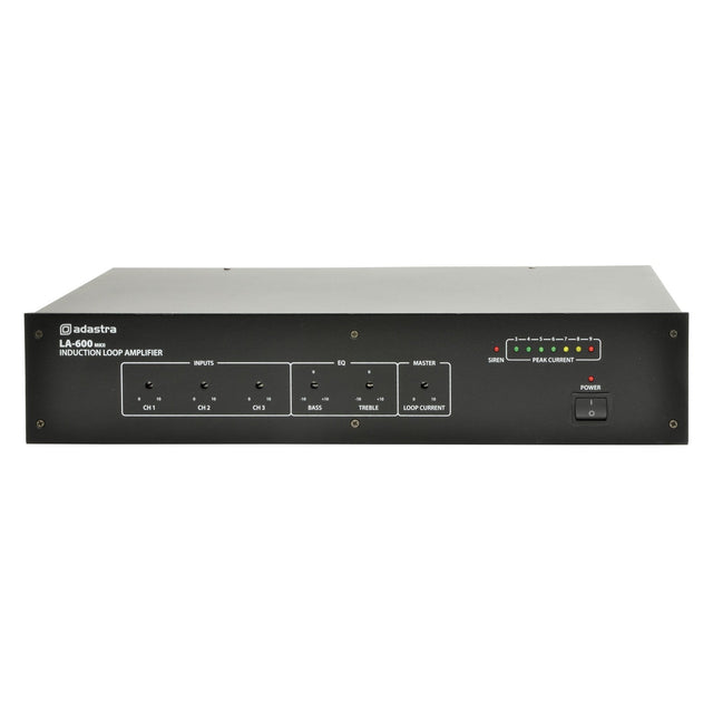 The Adastra LA-600 Mkii Induction Loop Amplifier is a rack-mounted device with a sleek black front panel that includes input and control knobs for channels, bass, and treble. It features LED indicators that display signal strength for hearing aid users and has an on/off power switch conveniently located on the right side.