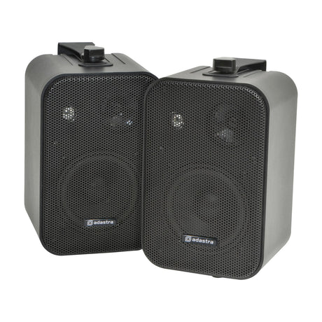 Pair of Adastra B30V-B 4" 100V line background speakers in matt black, each with mesh grille and mounting bracket, shown on a plain white background.
