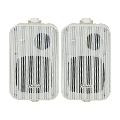 Adastra B30V-W 100V line 4" background speakers, pair, white plastic cabinets with perforated grilles and mounting brackets, plain white background.