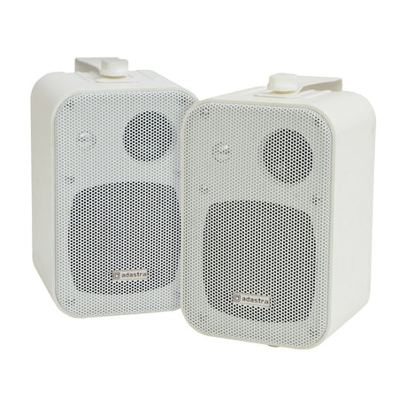 Adastra B30V-W white 4" background speakers, pair with mesh grilles and mounting brackets, shown on a plain white background.