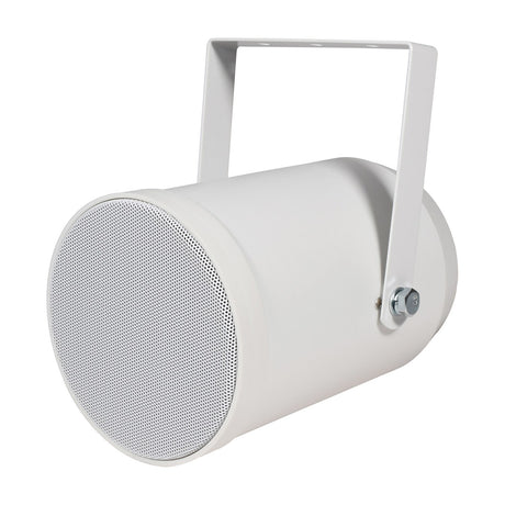 Adastra WSP10-W weatherproof sound projector in white with a perforated steel grille and adjustable steel mounting bracket, on a plain background.