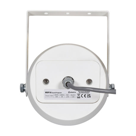 Rear view of the Adastra WSP10-W weatherproof sound projector in white with adjustable steel bracket, hard-wired cable, and 100V tapping label.