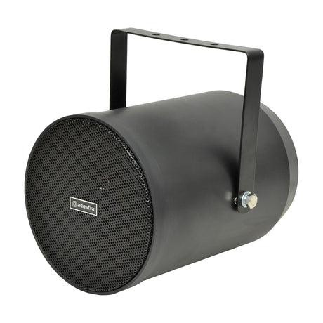 Adastra WSP10-B weatherproof sound projector in matt black with cylindrical ABS body, steel mesh grille and adjustable steel mounting bracket, on white.