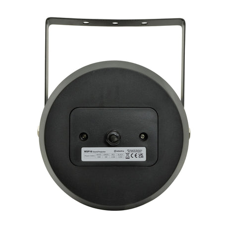 Rear view of the Adastra WSP10-B matt black weatherproof sound projector, showing the adjustable steel mounting bracket, cable gland and specification label.