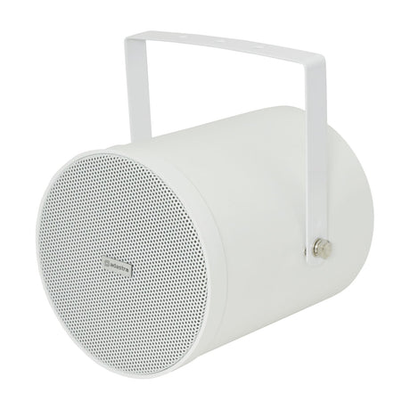 Adastra WSP25-W 25W weatherproof sound projector in white, with cylindrical ABS body, steel mesh grille, and adjustable steel mounting bracket.
