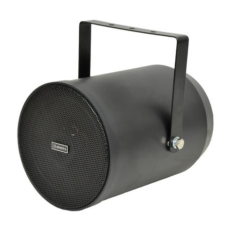 Adastra WSP25-B weatherproof sound projector speaker in matt black, cylindrical steel body with mesh grille and mounting bracket, on a plain white background.