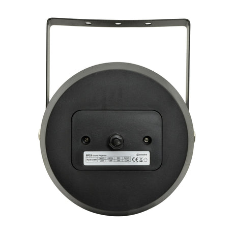 Rear view of the Adastra WSP25-B weatherproof sound projector in black, showing mounting bracket, wiring terminal label and screws on a white background.