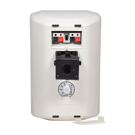 Rear view of the Adastra LX6T-W white wall-mounted speaker showing spring terminals, 2-axis mounting bracket and power tapping selector on a white background.