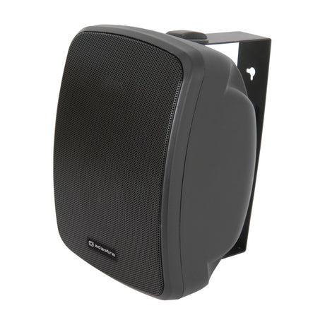Adastra FC5V-B weatherproof background speaker in matt black with mesh grille and wall mounting bracket, shown on a plain white background.