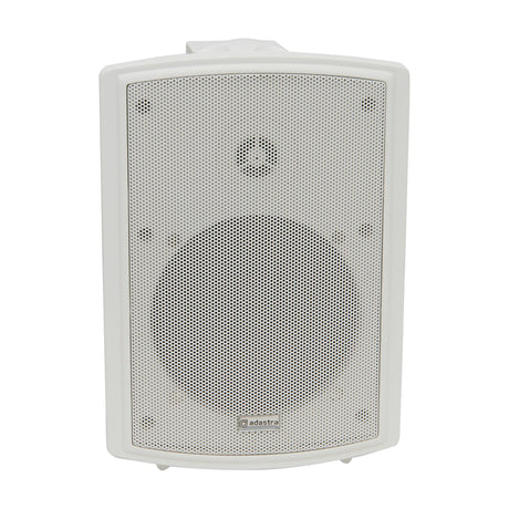 Adastra FSV-W white weatherproof foreground speaker with perforated aluminium grille and wall-mount bracket, shown on a plain white background.