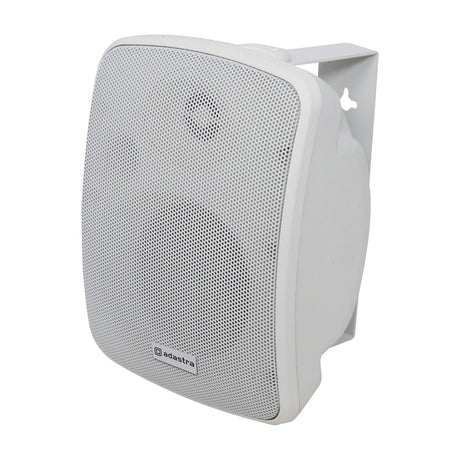 Adastra FC4V-W compact 100V background speaker in white, with perforated grille, wall-mount bracket, and rear tapping switch, shown on a plain white background.