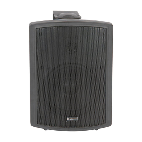 Adastra FSV-B foreground speaker in matt black, rectangular cabinet with mesh grille, wall mounting bracket on top, on a plain white background.