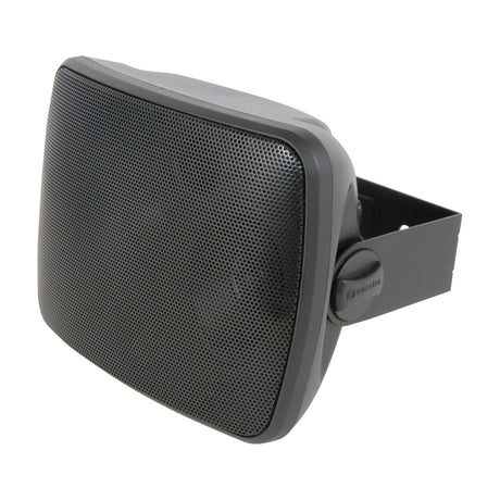 Adastra FC4V-B compact 100V background speaker in matt black with square cabinet, aluminium grille, and adjustable wall mounting bracket.