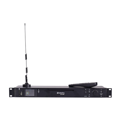 Adastra AS-6 mkII 1U rack audio source player in black with TFT display, CD slot, control buttons, magnetic spring antenna and handheld remote.
