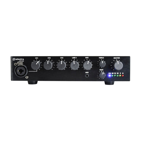 Adastra UA120 compact 5-channel mixer-amplifier front panel with CH1-4, Aux, treble, bass and master knobs, XLR input and LED level meter on white background.