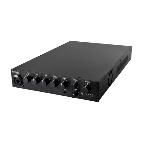 Black Adastra UA120 rack-mount mixer-amplifier, angled view showing five input knobs, treble/bass and master dials, and LED indicators.