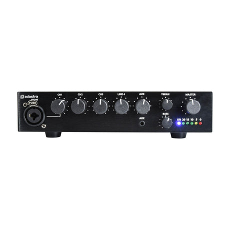 Adastra UA240 compact 5-channel 100V mixer-amplifier in black with XLR combo input, channel volume knobs, bass and treble controls, and LED level meter.