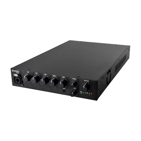 Adastra UA240 compact 5-channel 100V mixer-amplifier in matte black with front panel input, channel knobs, EQ, master dial and LED indicators.