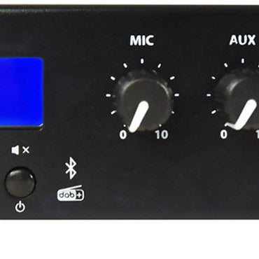 Close-up of the Adastra UX120 compact 100V mixer-amplifier by AVSL, showing the blue display, Mic and Aux volume knobs, power button, and Bluetooth/DAB+ icons.