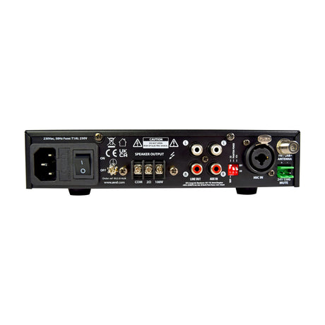Rear panel of the AVSL Adastra UX120 100V mixer-amplifier showing IEC power inlet, speaker screw terminals, RCA line out and aux in, XLR mic input, and antenna.