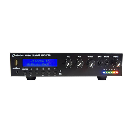 Adastra UX240 PA mixer-amplifier front panel with display, USB port, source buttons, and Mic, Aux, Player, Bass, Treble, Master knobs.