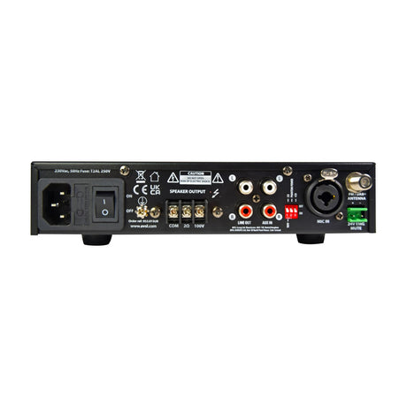 Adastra UX240 mixer-amplifier rear panel with power inlet, speaker terminals, RCA line/aux inputs, XLR mic input, and DIP switches on white background.