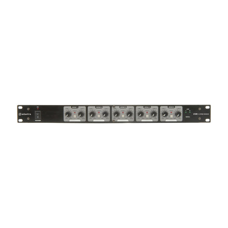 Adastra Z5M 5-zone mixer, black rack-mount panel with power switch, five zones each with line 1/2 knobs and mono buttons, on white background.