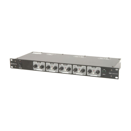 Adastra Z5M 5-zone mixer, black rack-mount unit with power switch and five zone control knobs with LED indicators, shown on a plain white background.