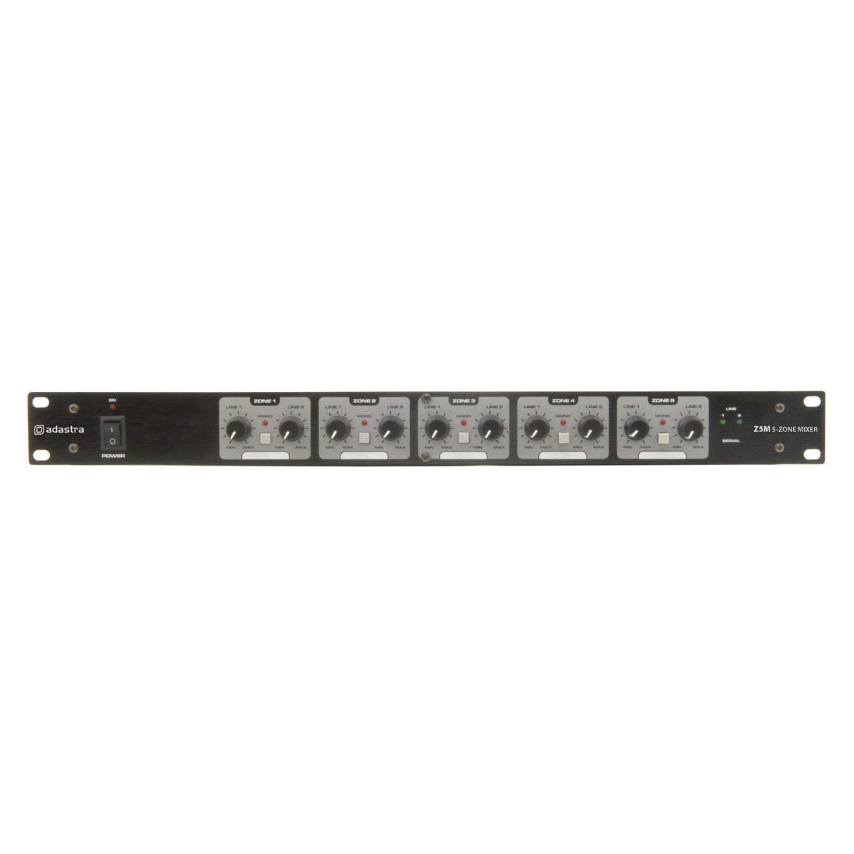 The Adastra Z5M Zoning Mixer is a versatile audio mixer with a black metal front panel, featuring multiple knobs and switches labeled A to E, one main volume control, and balanced XLR connectors for seamless audio management across five stereo speaker zones.