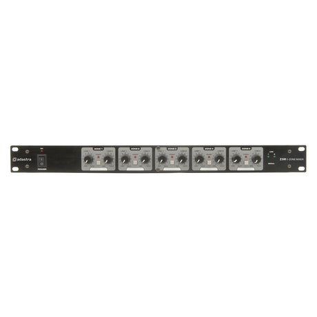 The Adastra Z5M Zoning Mixer is a versatile audio mixer with a black metal front panel, featuring multiple knobs and switches labeled A to E, one main volume control, and balanced XLR connectors for seamless audio management across five stereo speaker zones.