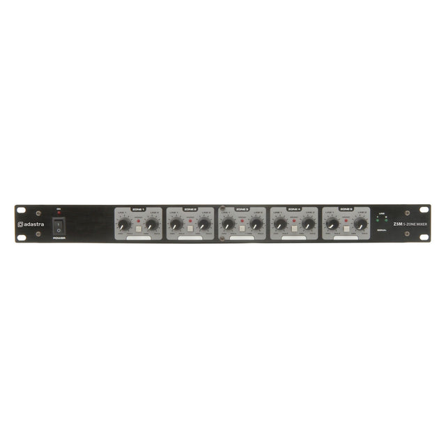The Adastra Z5M Zoning Mixer is a versatile audio mixer with a black metal front panel, featuring multiple knobs and switches labeled A to E, one main volume control, and balanced XLR connectors for seamless audio management across five stereo speaker zones.