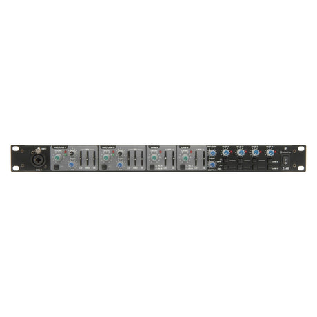 The Adastra Z44R - Live/Zone Mixer With DSP Reverb is a 1U rack device designed with various sliders and knobs, offering mic/line inputs and zone outputs on a sleek black panel, ensuring seamless integration into any multi-channel audio equalizer setup.