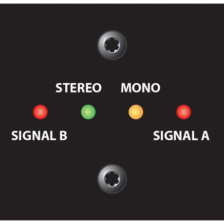 Close-up of the Adastra LS26 line splitter by AVSL showing stereo and mono LED indicators, signal A and B lights, and two 6.35mm jack sockets.