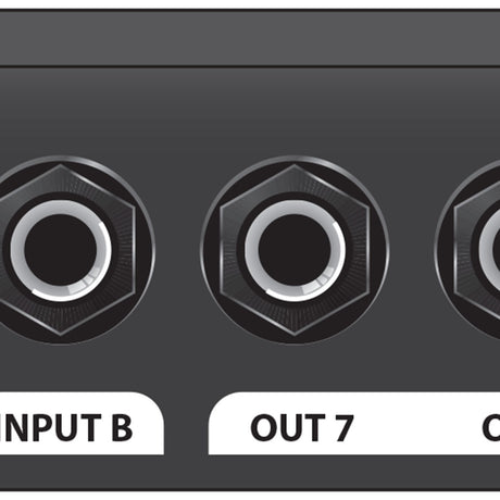 Close-up of the Adastra LS26 line splitter by AVSL showing 6.35mm jack sockets labelled INPUT B and OUT 7 on a matte black panel.