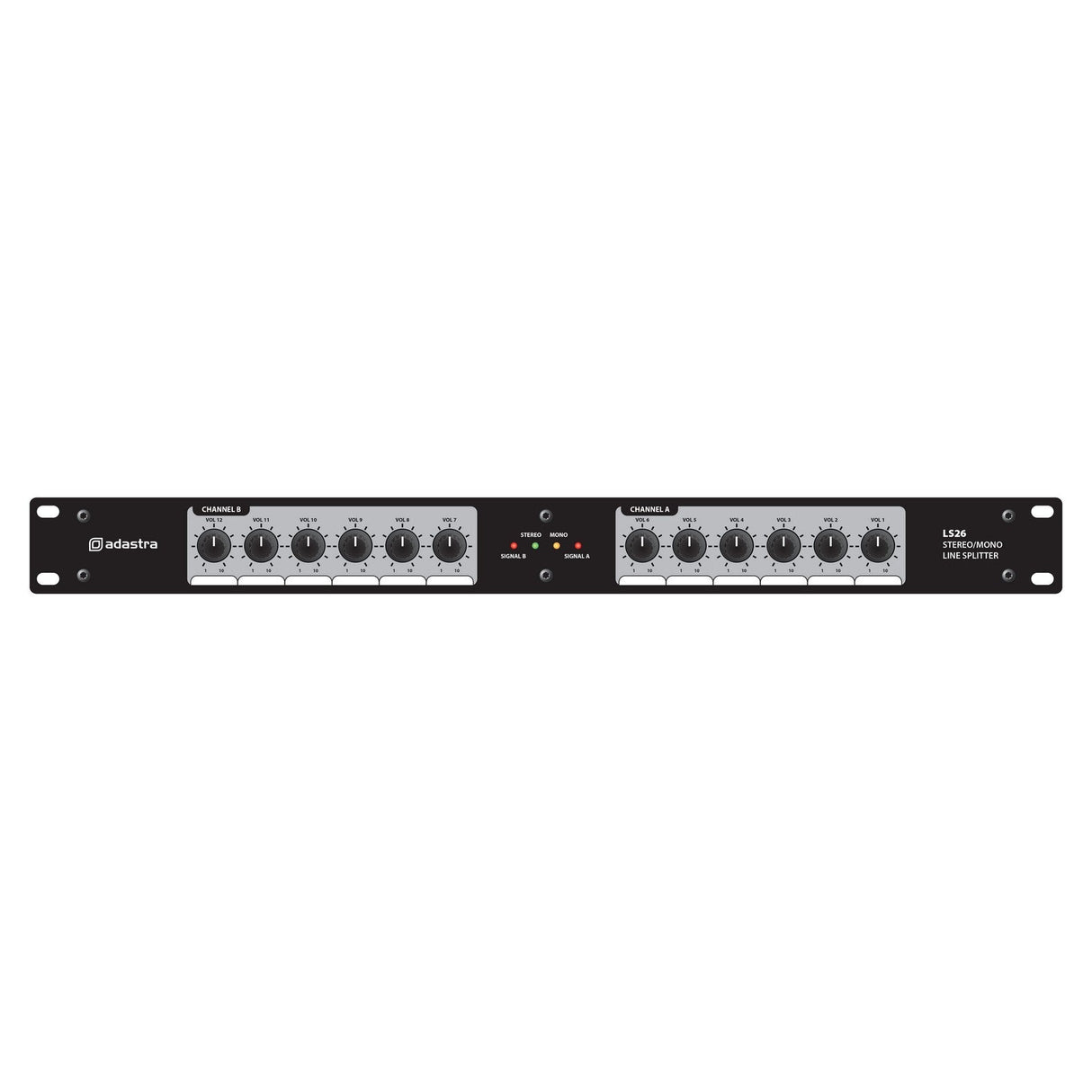 Image of the Adastra LS26 Line Splitter 1:12/2:6, a rack-mounted device featuring controls and labeling. It includes dual sets of dials for Channel 1 and Channel 2, connectors, and centered LED indicators on a sleek black and gray panel designed for precise zone mixing.