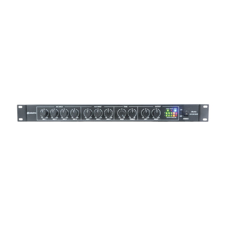 Adastra ML432 1U rack mixer with four mic input knobs, three aux input controls, bass and treble tone dials, output level meters, and power switch.