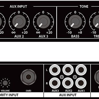 Close-up of the Adastra ML432 4-Mic 1U rack mixer by AVSL, showing aux input knobs, bass and treble controls, RCA aux inputs and 6.35mm jack sockets.