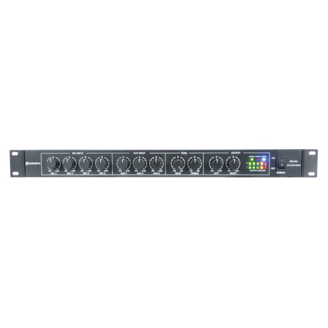 The Adastra ML432 4 Mic + 3 Aux 1U Rack Mixer is a rack-mountable audio device featuring multiple dials for mic input, aux input, tone control, and output adjustment. It includes phantom power to enhance microphone performance. On the right side, you'll find a power button alongside an LED display. The mixer boasts a sleek black rectangular design, ideal for professional audio processing.