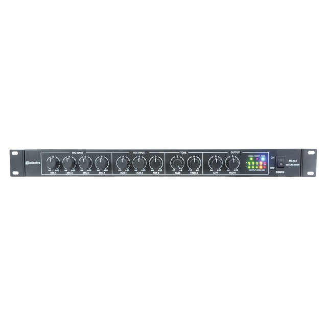 The Adastra ML432 4 Mic + 3 Aux 1U Rack Mixer is a rack-mountable audio device featuring multiple dials for mic input, aux input, tone control, and output adjustment. It includes phantom power to enhance microphone performance. On the right side, you'll find a power button alongside an LED display. The mixer boasts a sleek black rectangular design, ideal for professional audio processing.