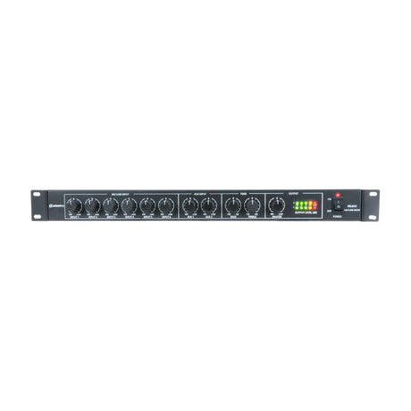 Adastra ML622 1U rack-mount mic/line mixer with six input level knobs, two aux controls, bass and treble, master dial, LED output meter and power switch.