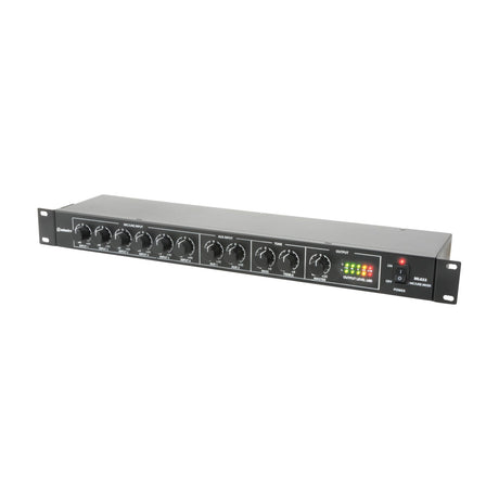 Adastra ML622 1U rack mixer with six mic/line input knobs, two aux controls, bass and treble, master level, output LED meter and power switch.