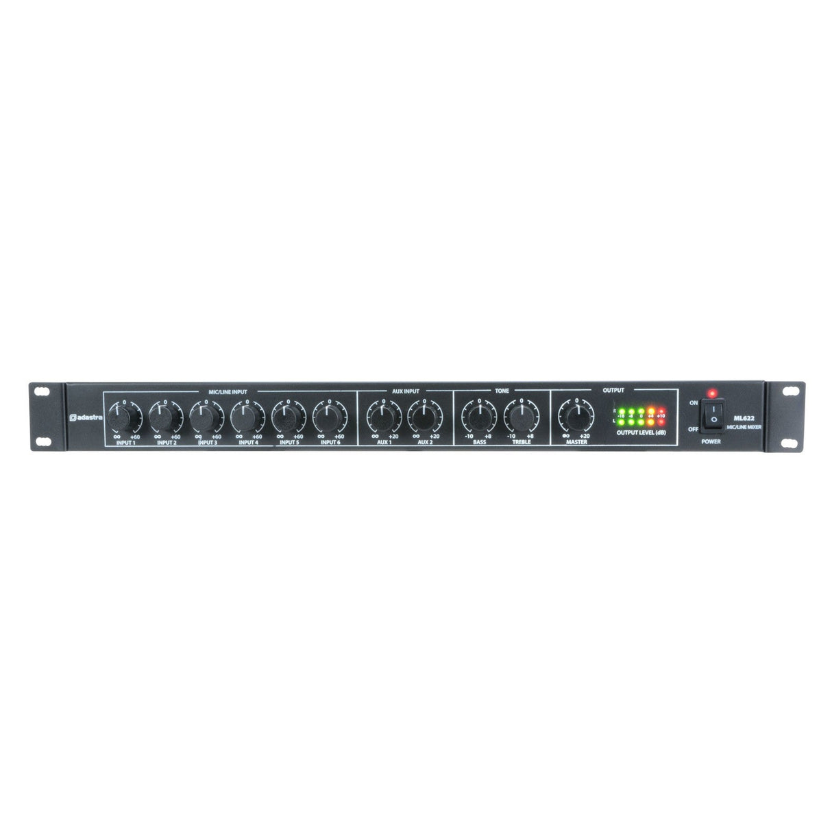 The Adastra ML622 6 Mic + 2 Aux 1U Rack Mixer is a black rack-mountable mixer equipped with multiple knobs for input adjustments and output meters. Its front panel is labeled for each control, includes mic/line inputs, and features LED indicators to display current settings. Ideal for sound mixing and modulation, this mixer also offers phantom power capabilities.