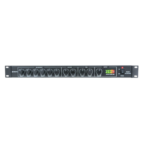 The Adastra ML622 6 Mic + 2 Aux 1U Rack Mixer is a black rack-mountable mixer equipped with multiple knobs for input adjustments and output meters. Its front panel is labeled for each control, includes mic/line inputs, and features LED indicators to display current settings. Ideal for sound mixing and modulation, this mixer also offers phantom power capabilities.