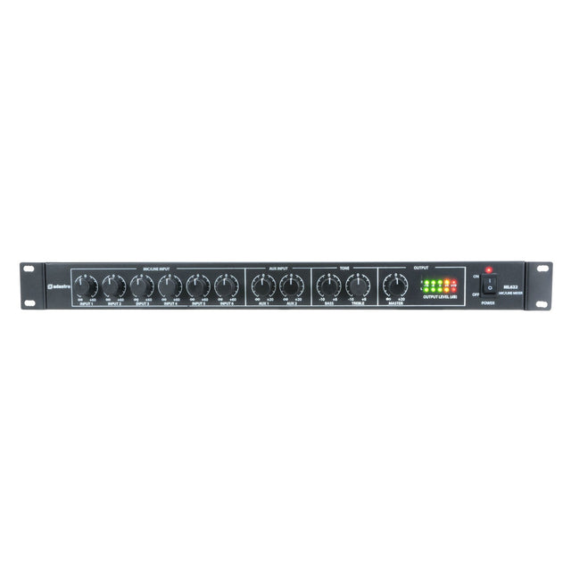 The Adastra ML622 6 Mic + 2 Aux 1U Rack Mixer is a black rack-mountable mixer equipped with multiple knobs for input adjustments and output meters. Its front panel is labeled for each control, includes mic/line inputs, and features LED indicators to display current settings. Ideal for sound mixing and modulation, this mixer also offers phantom power capabilities.