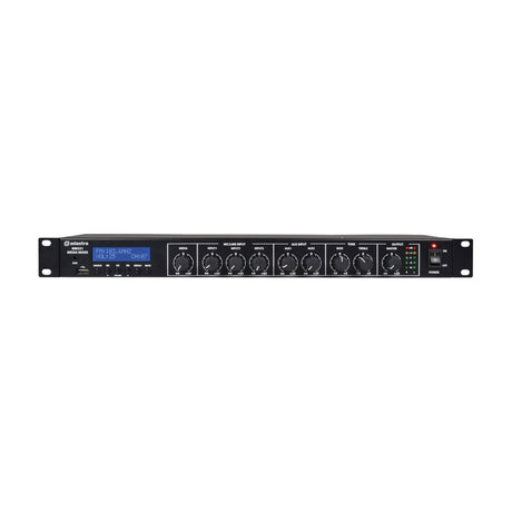 Adastra MM321 1U rack mixer in black with LCD display, USB/FM player, and rotary controls for media, mic/line, aux, bass, treble and master output.