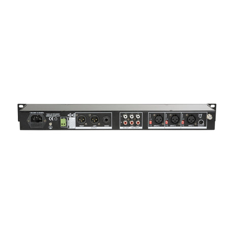 Rear panel of the Adastra MM321 1U rack mixer showing IEC power inlet, XLR and RCA inputs, XLR outputs, and terminal block, on a plain white background.