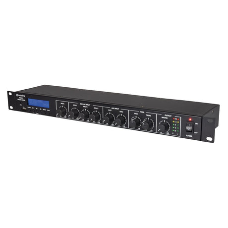 The Adastra MM321 Rack Mixer + BT/USB/FM Player is a black rack-mounted audio mixer featuring multiple knobs and a digital display on the front panel. This versatile unit includes labeled controls such as volume, balance, power indicators, and an integrated Bluetooth receiver for seamless wireless connectivity.