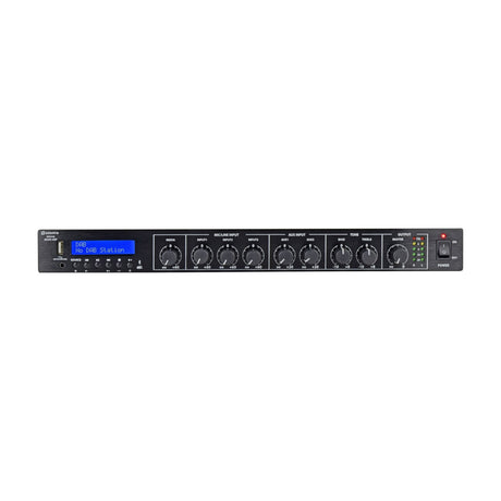 Adastra MM240 rack-mount mixer amplifier featuring LCD display, USB port, input knobs, tone controls, and power switch on a black front panel.