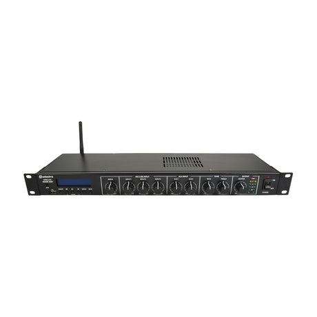 Adastra MM240 rack-mount mixer amplifier in black with input/tone knobs, LCD display, USB port and antenna, shown angled on a white background.