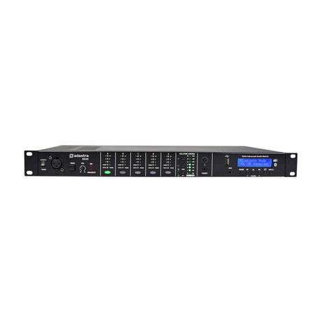 Adastra RX45 4-zone audio matrix mixer, black 1U rack unit with push buttons, LED level meters, XLR input and LCD display, on white background.